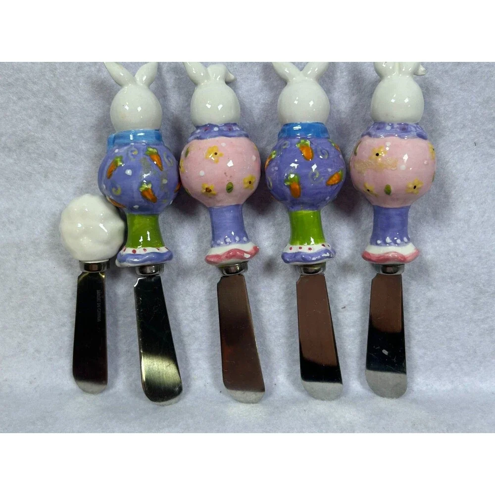 Set 5 Easter Bunny Rabbit Ceramic Cheese Butter Spreaders Knives Spring Decor